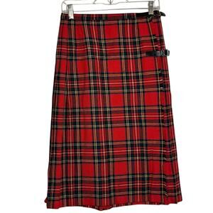 Vintage Red Tartan Plaid Wool Pleated Fringe Buckle Closure Wrap Skirt